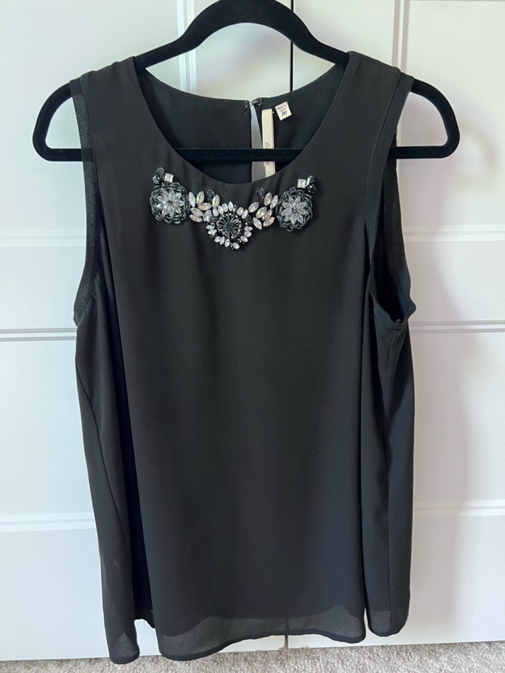 Black Sleeveless Jewel-Embellished Chiffon Top